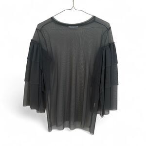 Zara dark teal colored mesh top with ruffled sleeves